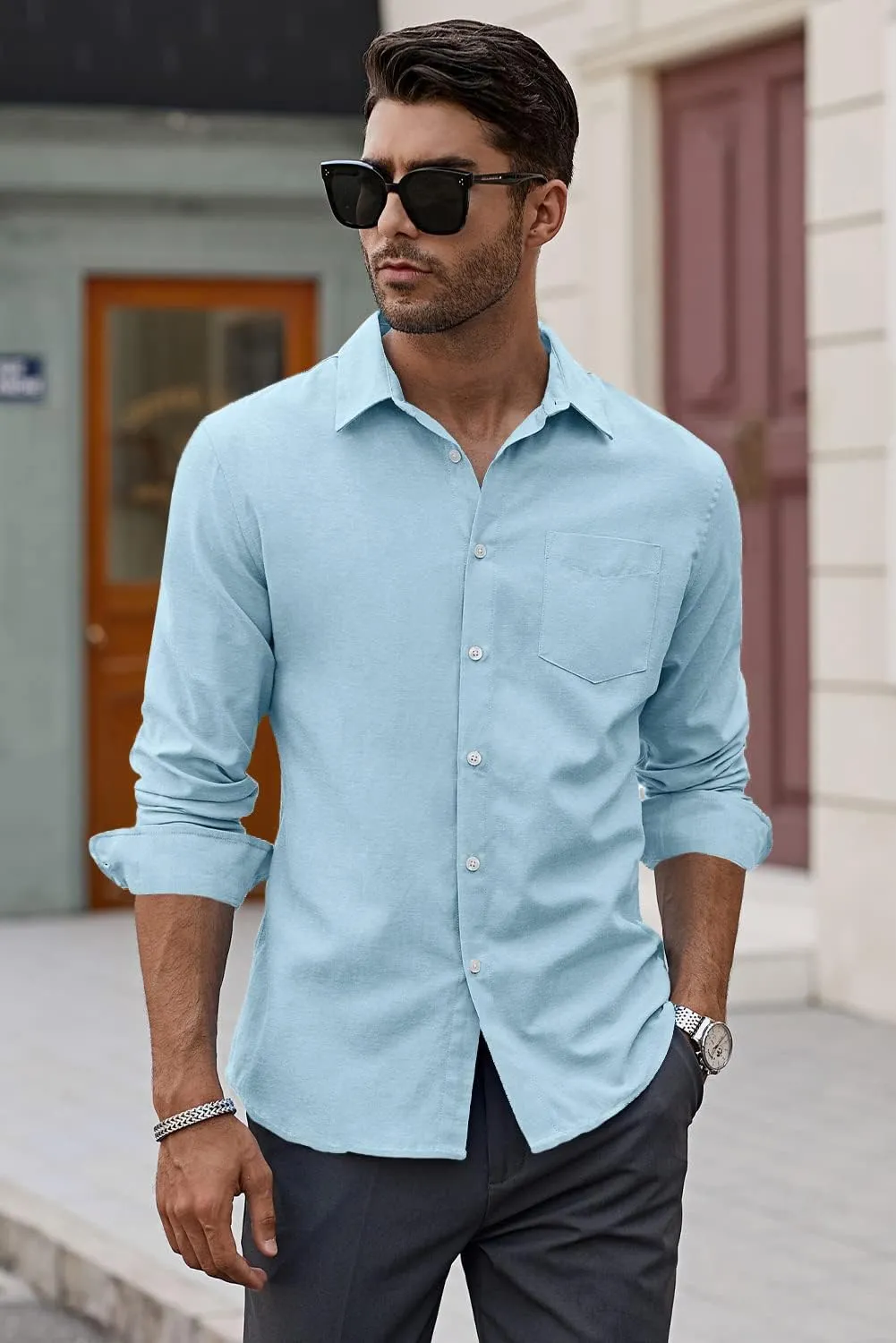 JMIERR Men's Cotton Shirts Casual Long Sleeve Button-Down Striped Dress Shirt
