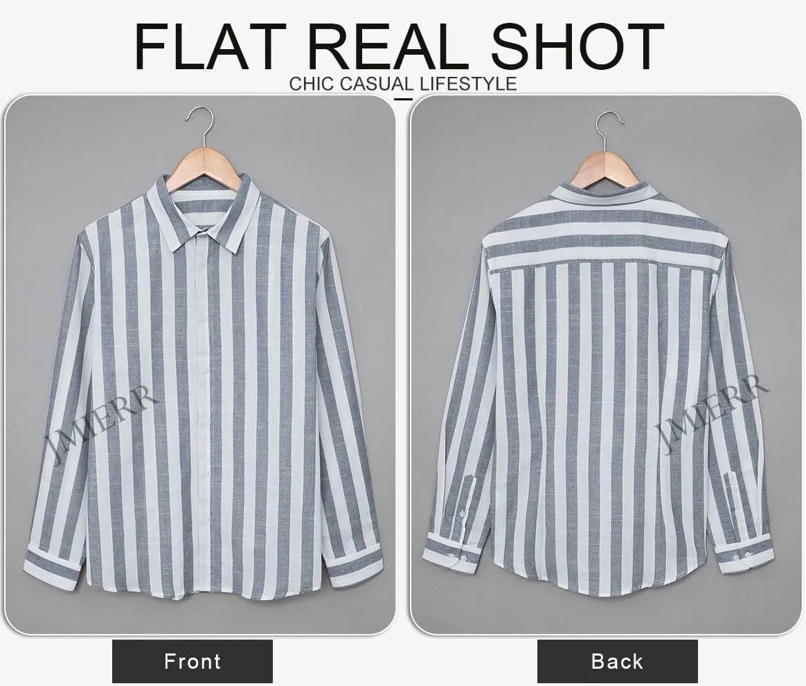 JMIERR Men's Cotton Shirts Casual Long Sleeve Button-Down Striped Dress Shirt