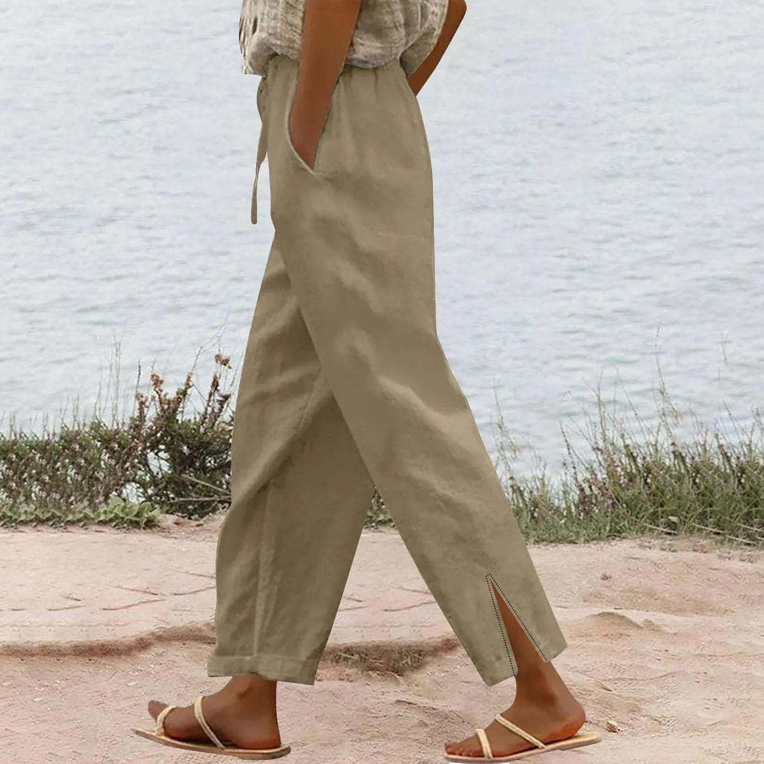 Linen Pants for Women 2025 Summer High Waist Straight Leg Lounge Pant Casual Loose Lightweight Split Beach Trousers