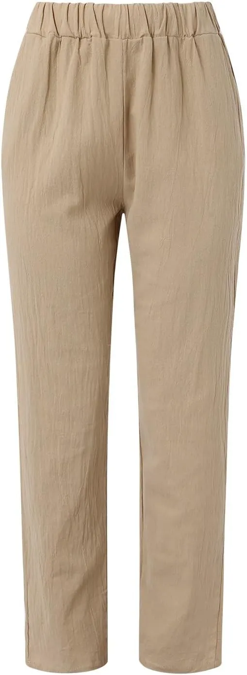 Linen Pants Women Linen Striped Elastic Waist Side Back Four Pockets 9/10 Pants Cotton Linen Casual Summer 2025 Straight