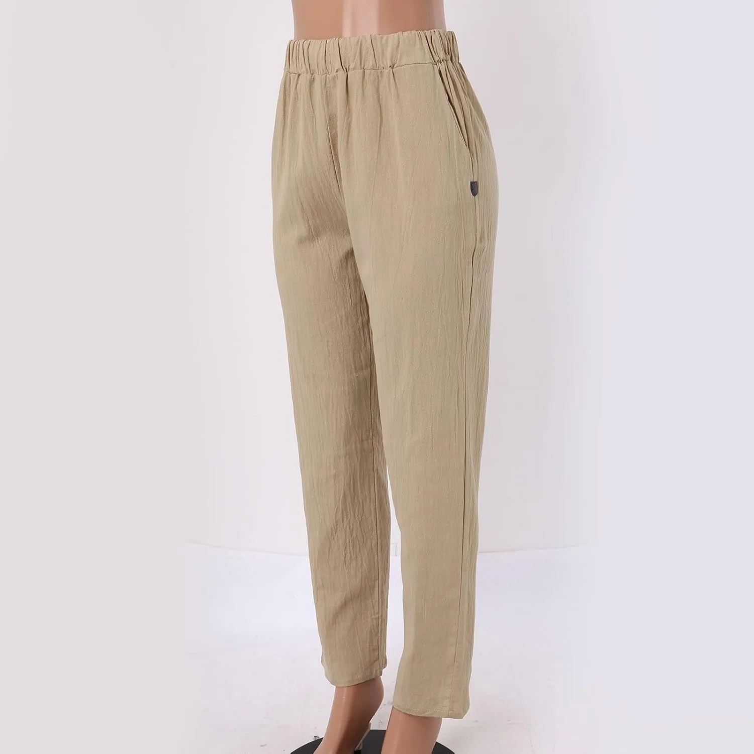Linen Pants Women Linen Striped Elastic Waist Side Back Four Pockets 9/10 Pants Cotton Linen Casual Summer 2025 Straight