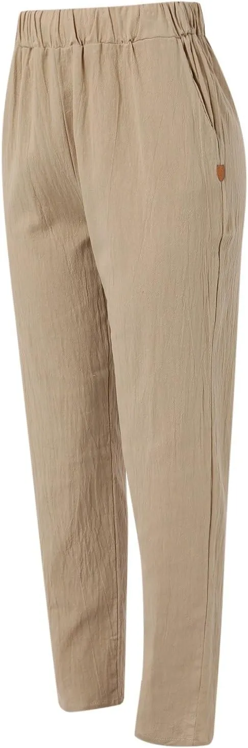 Linen Pants Women Linen Striped Elastic Waist Side Back Four Pockets 9/10 Pants Cotton Linen Casual Summer 2025 Straight
