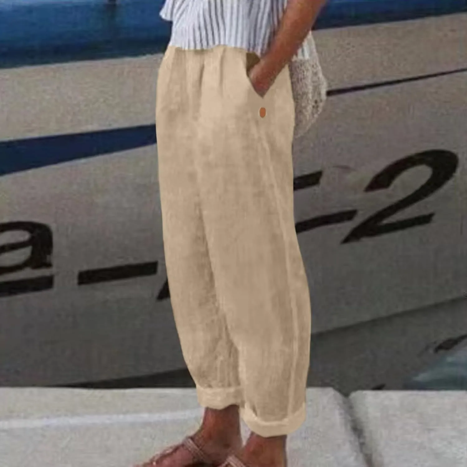 Linen Pants Women Linen Striped Elastic Waist Side Back Four Pockets 9/10 Pants Cotton Linen Casual Summer 2025 Straight