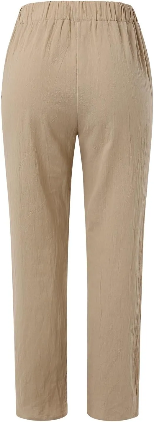 Linen Pants Women Linen Striped Elastic Waist Side Back Four Pockets 9/10 Pants Cotton Linen Casual Summer 2025 Straight