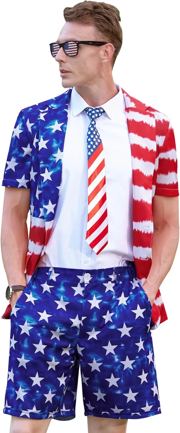 Mainfini Men's 3 Pcs American Flag Suit 4th of July Blazer with Shorts Tie (S-XXL)