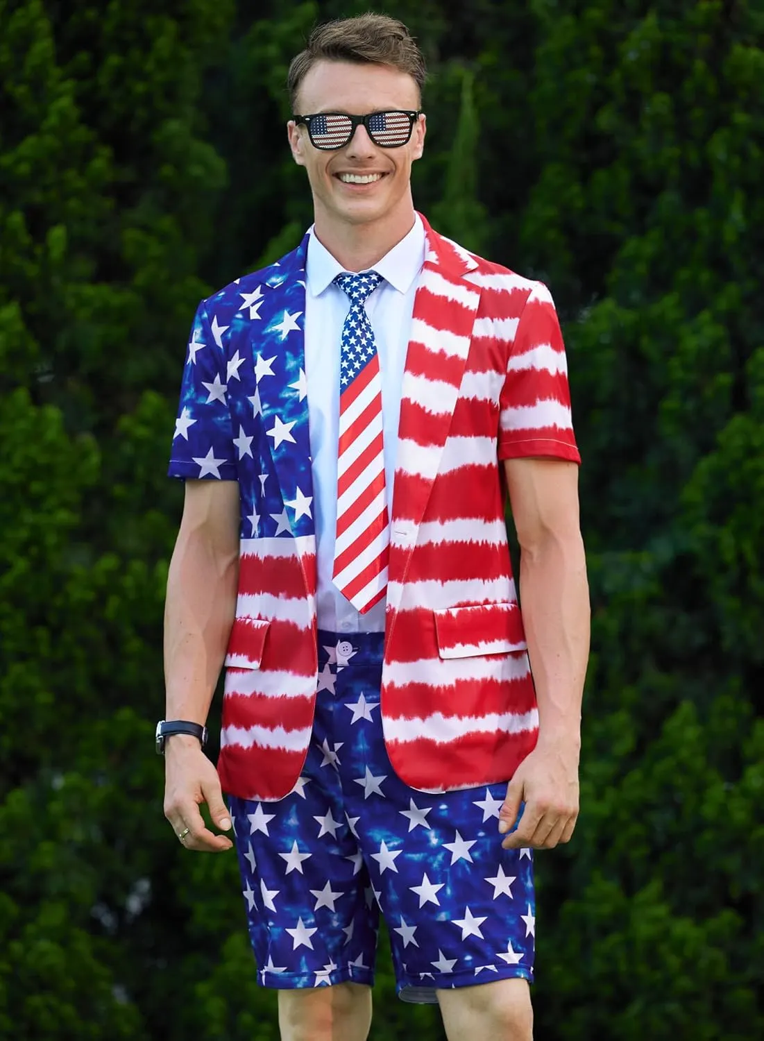 Mainfini Men's 3 Pcs American Flag Suit 4th of July Blazer with Shorts Tie (S-XXL)