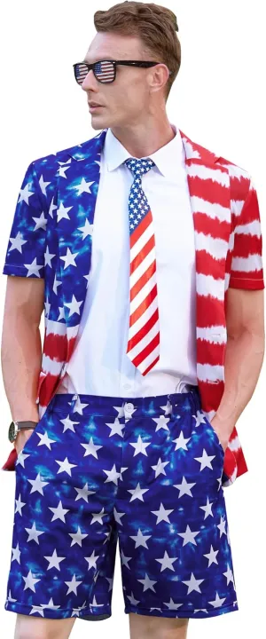 Mainfini Men's 3 Pcs American Flag Suit 4th of July Blazer with Shorts Tie (S-XXL)