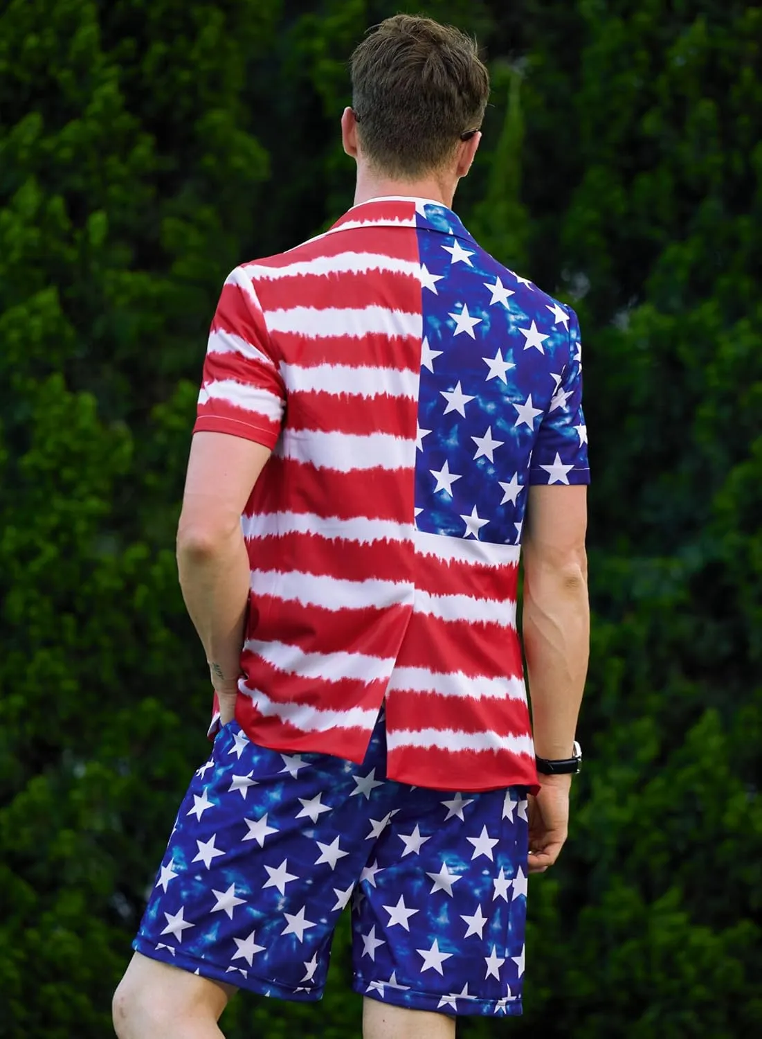 Mainfini Men's 3 Pcs American Flag Suit 4th of July Blazer with Shorts Tie (S-XXL)
