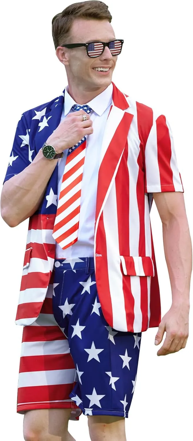 Mainfini Men's 3 Pcs American Flag Suit 4th of July Blazer with Shorts Tie (S-XXL)