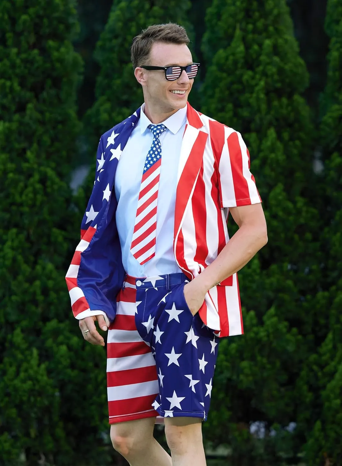 Mainfini Men's 3 Pcs American Flag Suit 4th of July Blazer with Shorts Tie (S-XXL)