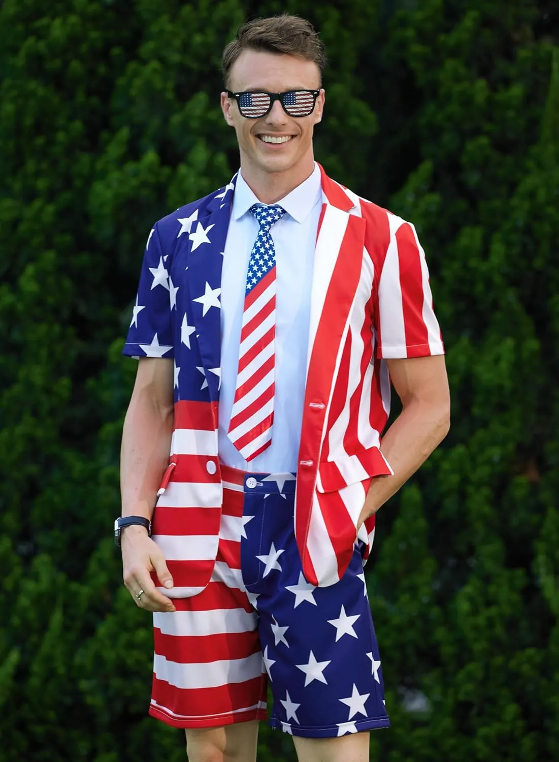 Mainfini Men's 3 Pcs American Flag Suit 4th of July Blazer with Shorts Tie (S-XXL)