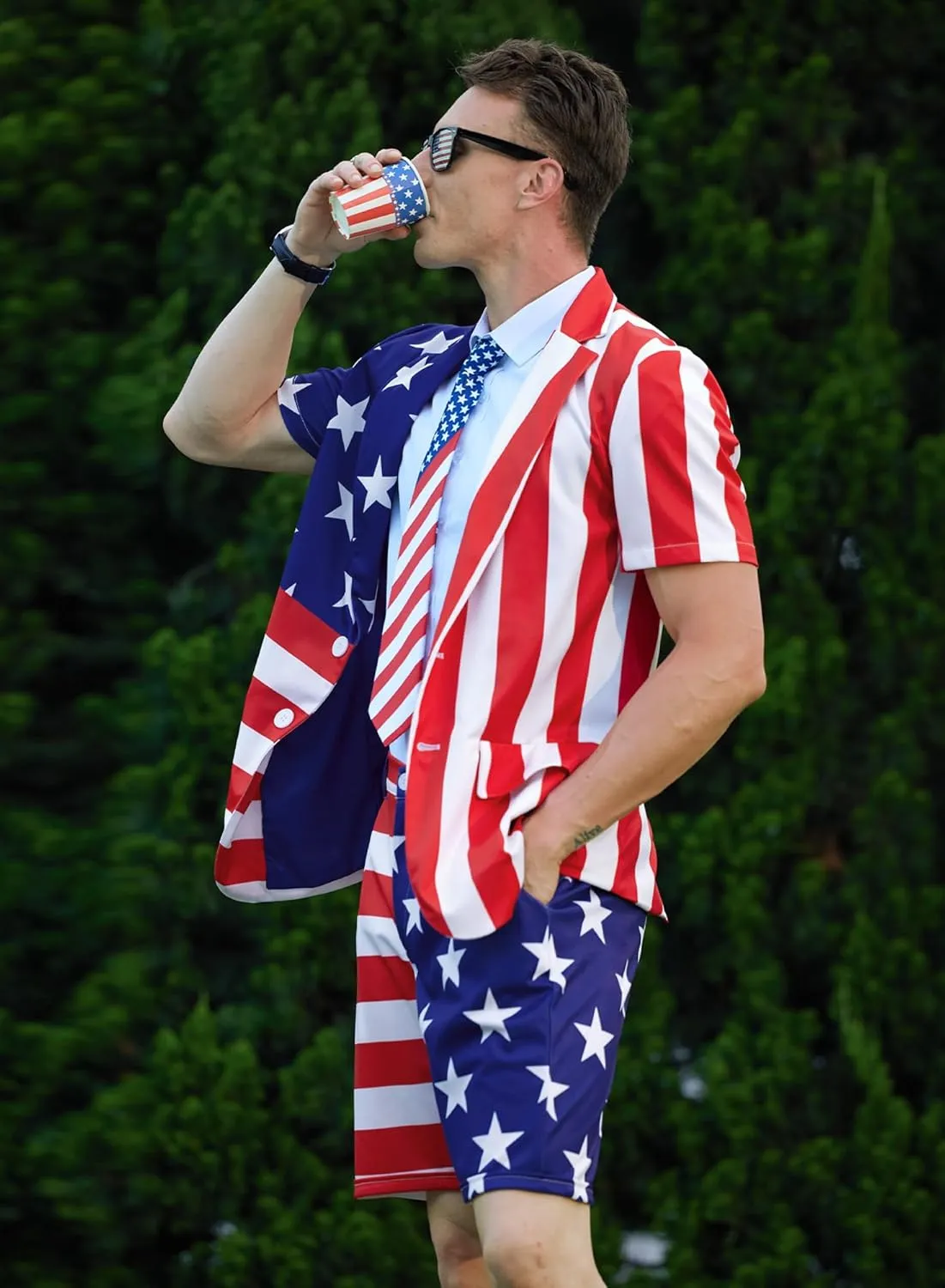 Mainfini Men's 3 Pcs American Flag Suit 4th of July Blazer with Shorts Tie (S-XXL)