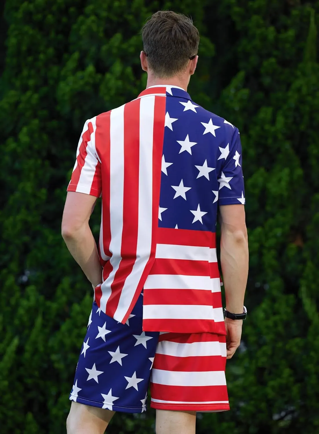 Mainfini Men's 3 Pcs American Flag Suit 4th of July Blazer with Shorts Tie (S-XXL)