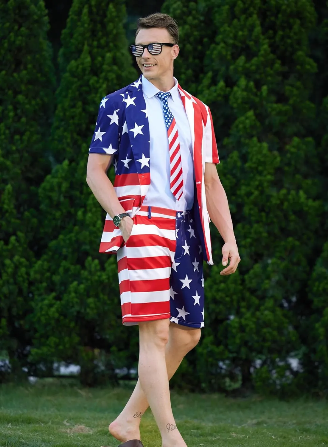 Mainfini Men's 3 Pcs American Flag Suit 4th of July Blazer with Shorts Tie (S-XXL)