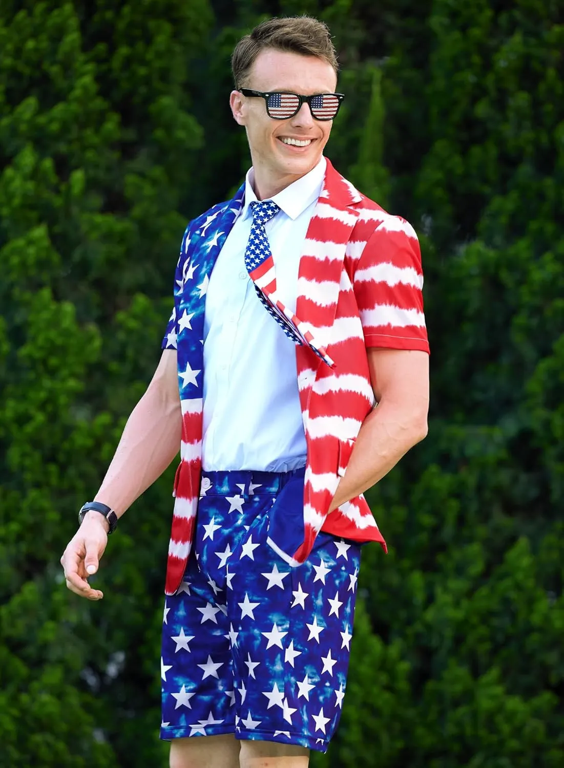 Mainfini Men's 3 Pcs American Flag Suit 4th of July Blazer with Shorts Tie (S-XXL)