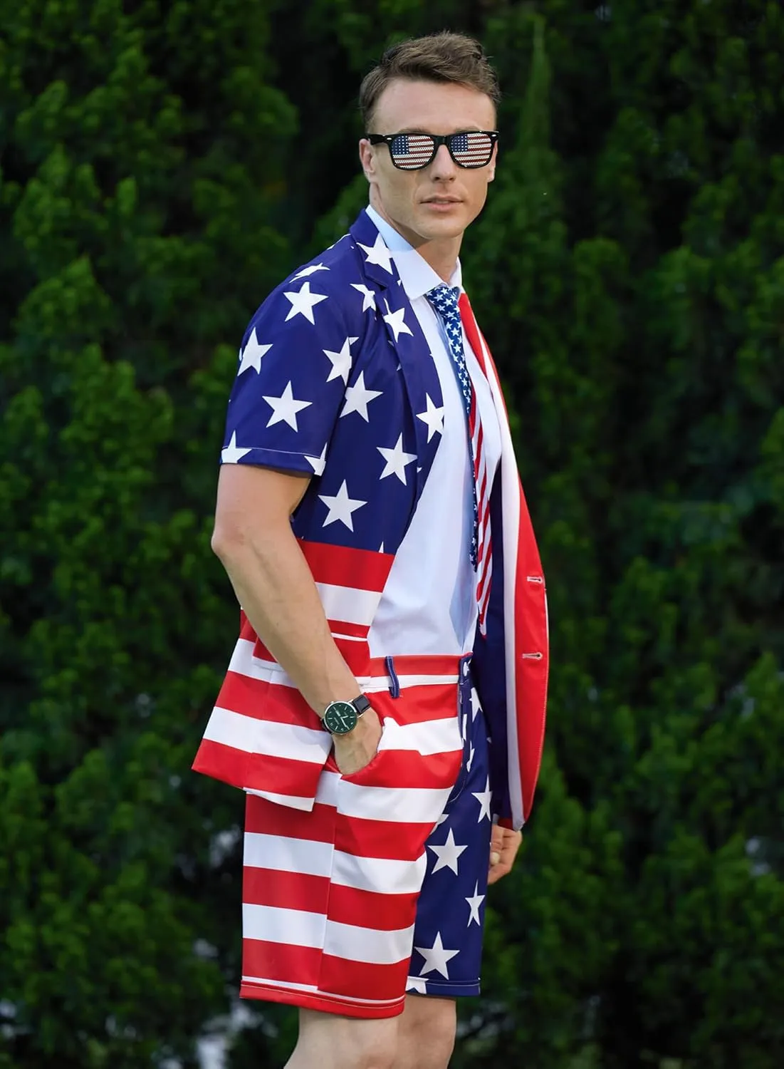 Mainfini Men's 3 Pcs American Flag Suit 4th of July Blazer with Shorts Tie (S-XXL)