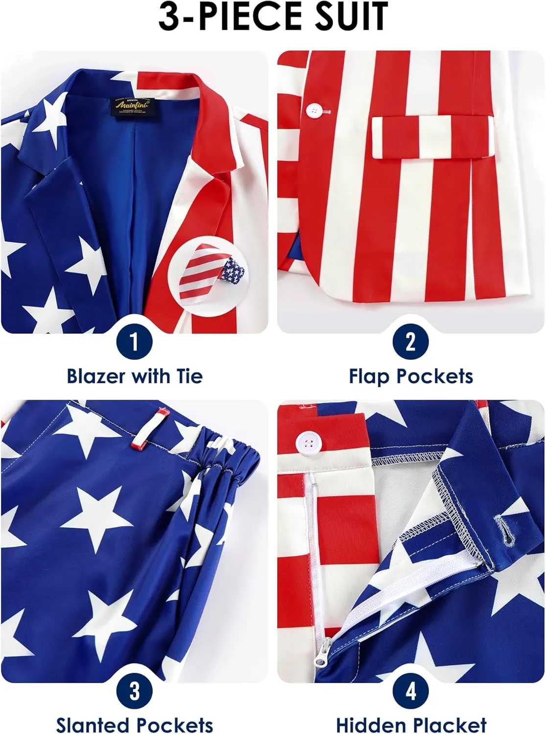 Mainfini Men's 3 Pcs American Flag Suit 4th of July Blazer with Shorts Tie (S-XXL)