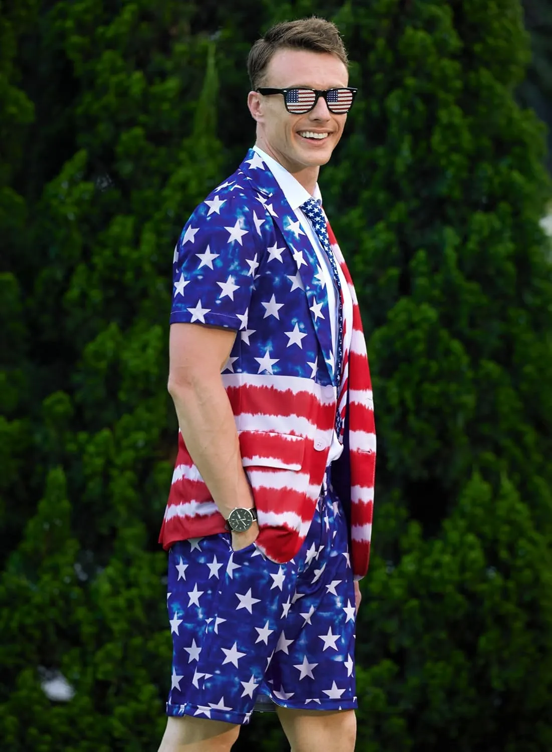 Mainfini Men's 3 Pcs American Flag Suit 4th of July Blazer with Shorts Tie (S-XXL)