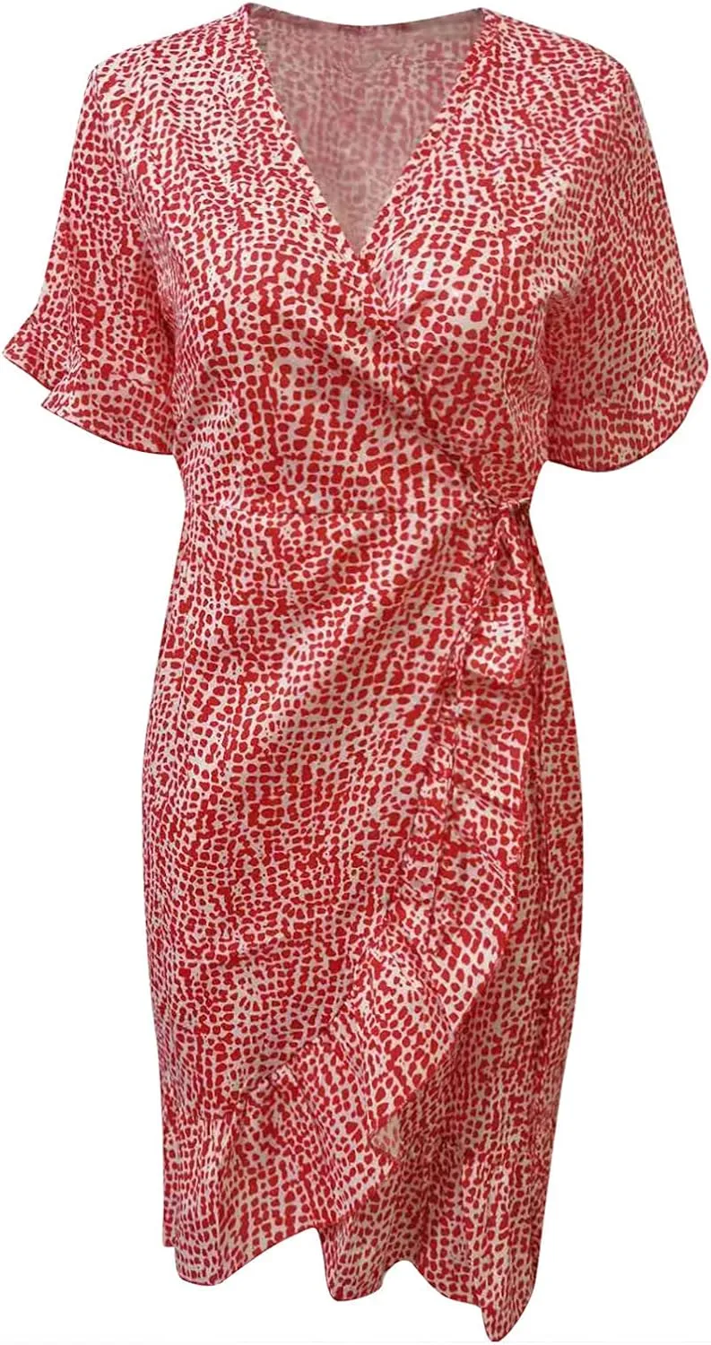Maryia Women's Summer Dresses V Neck Wrap Casual Loose Cute Leopard Floral Print Swing Ruffle Hem Beach Mini Dress
