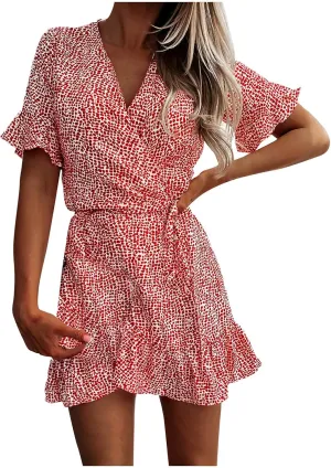Maryia Women's Summer Dresses V Neck Wrap Casual Loose Cute Leopard Floral Print Swing Ruffle Hem Beach Mini Dress