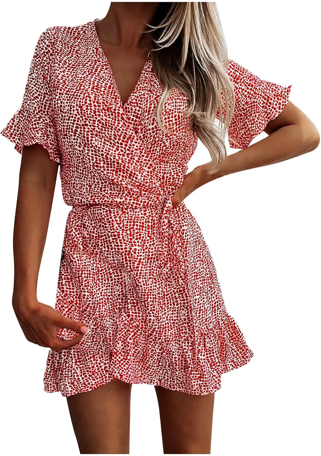 Maryia Women's Summer Dresses V Neck Wrap Casual Loose Cute Leopard Floral Print Swing Ruffle Hem Beach Mini Dress