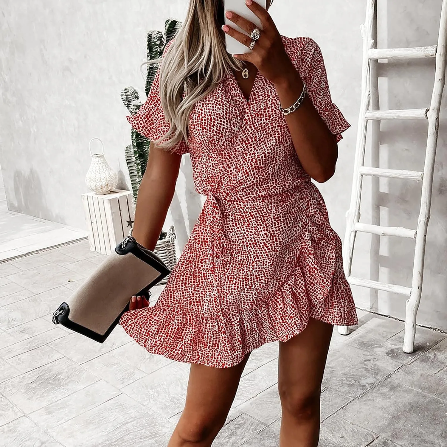 Maryia Women's Summer Dresses V Neck Wrap Casual Loose Cute Leopard Floral Print Swing Ruffle Hem Beach Mini Dress