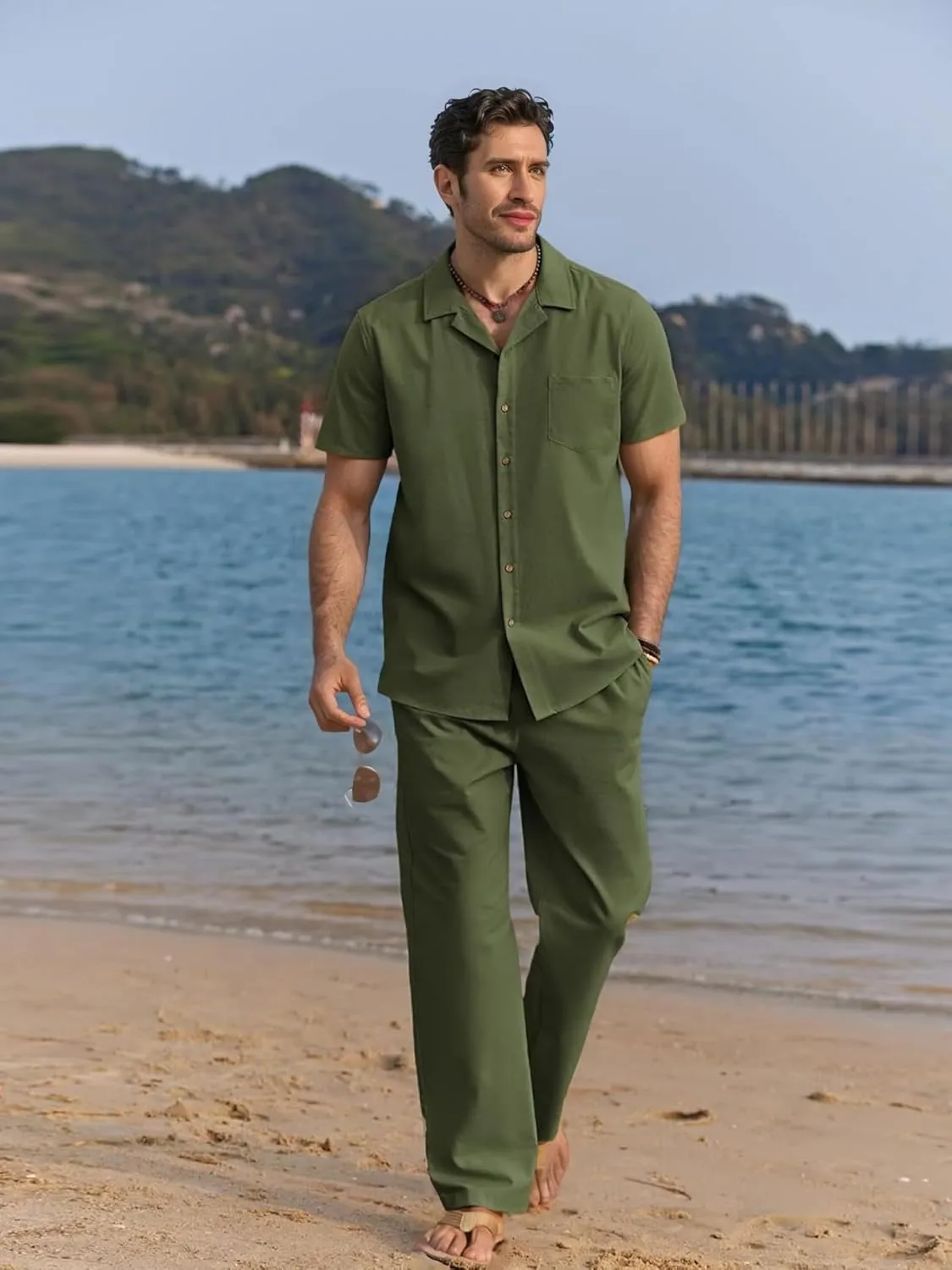 Men's 2 Piece Outfits Casual Beach Short Sleeve Button Down Shirts Loose Pant Sets Summer Vacation Walking Outfits