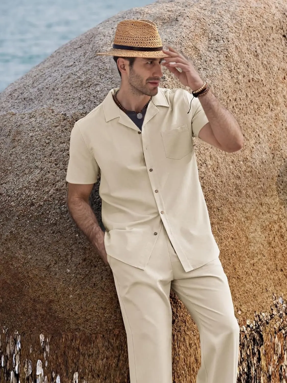 Men's 2 Piece Outfits Casual Beach Short Sleeve Button Down Shirts Loose Pant Sets Summer Vacation Walking Outfits