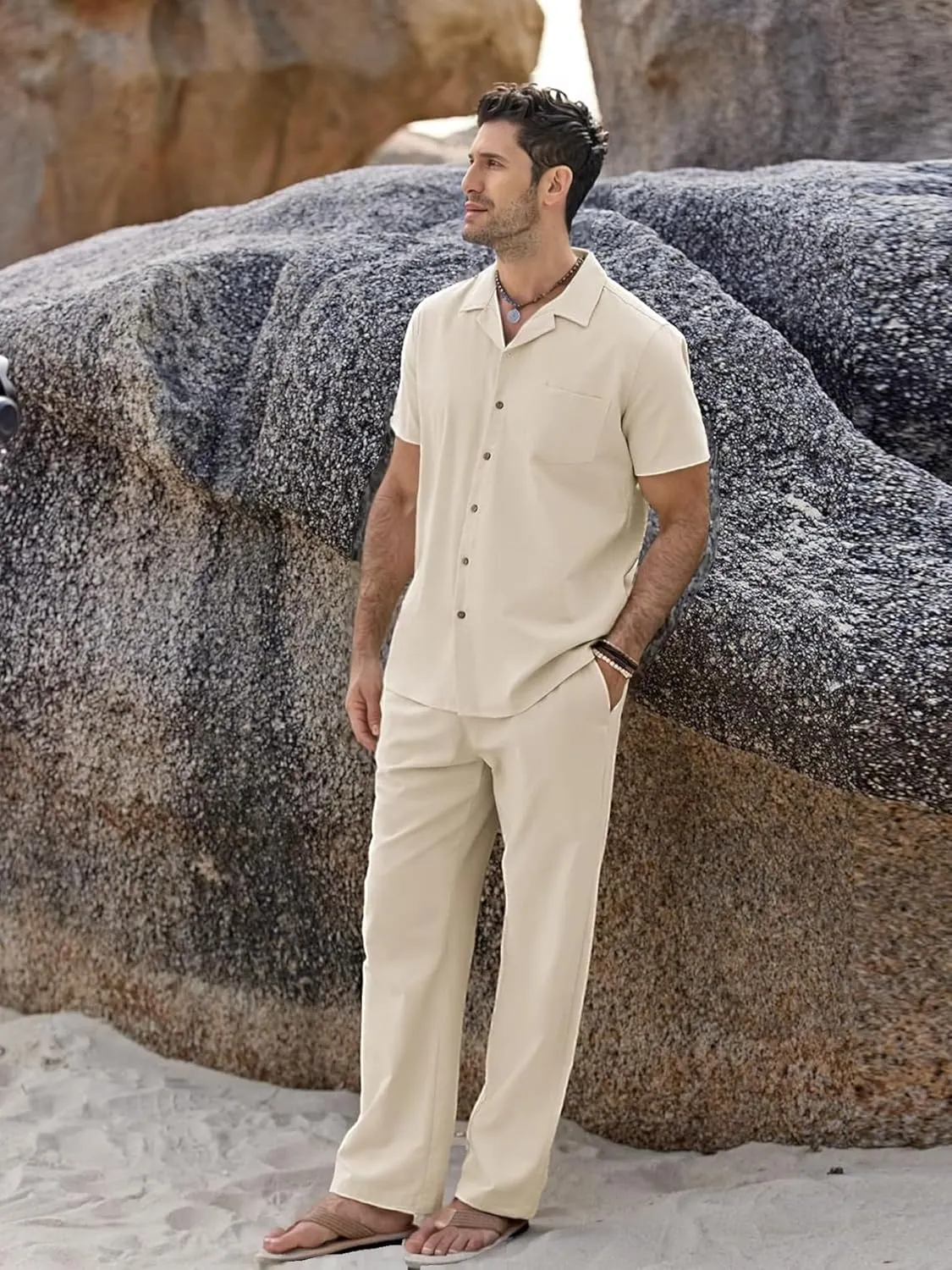 Men's 2 Piece Outfits Casual Beach Short Sleeve Button Down Shirts Loose Pant Sets Summer Vacation Walking Outfits