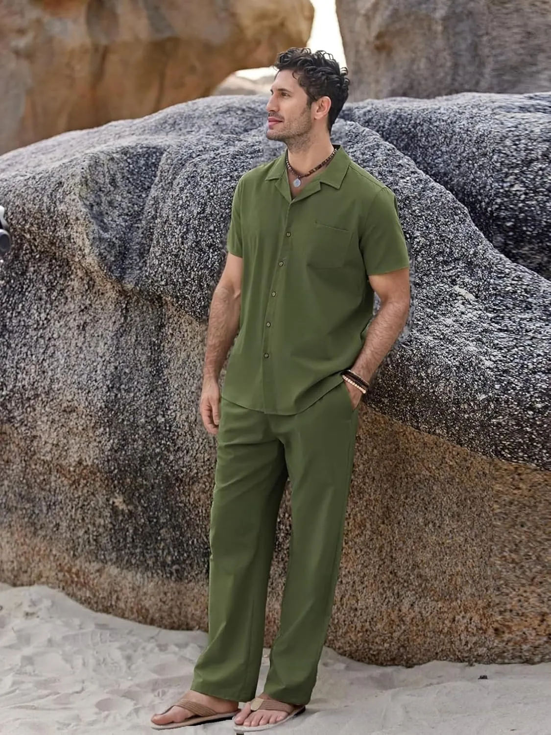 Men's 2 Piece Outfits Casual Beach Short Sleeve Button Down Shirts Loose Pant Sets Summer Vacation Walking Outfits