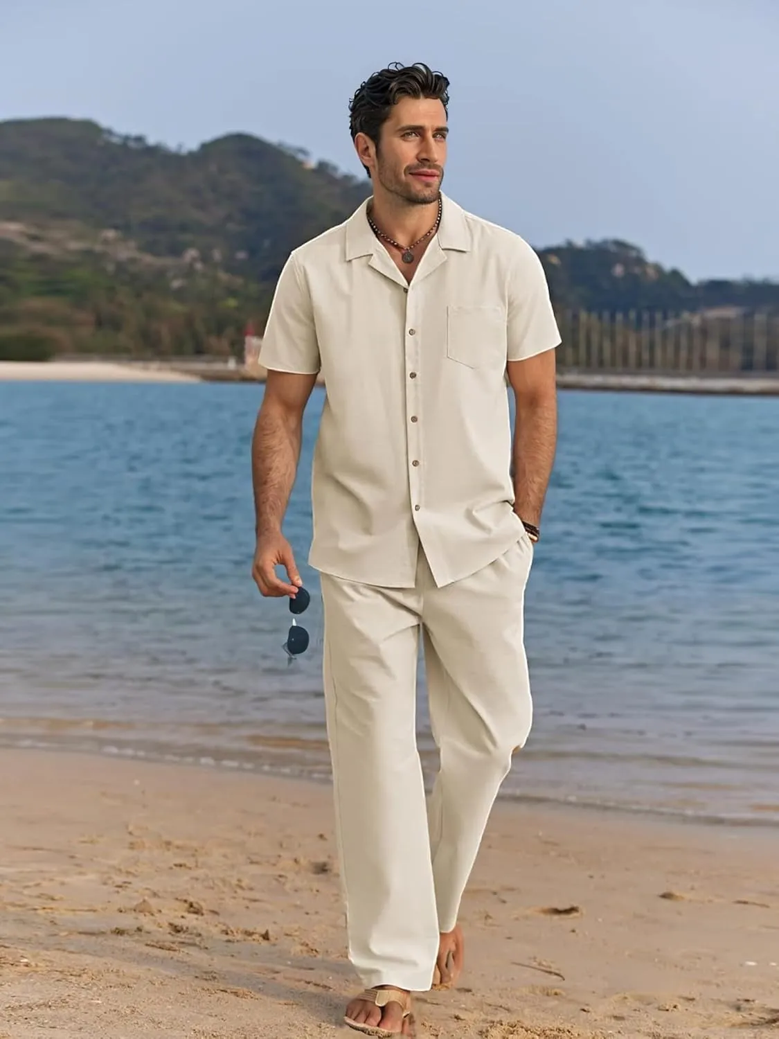 Men's 2 Piece Outfits Casual Beach Short Sleeve Button Down Shirts Loose Pant Sets Summer Vacation Walking Outfits