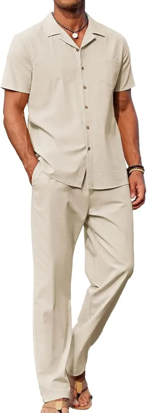 Men's 2 Piece Outfits Casual Beach Short Sleeve Button Down Shirts Loose Pant Sets Summer Vacation Walking Outfits