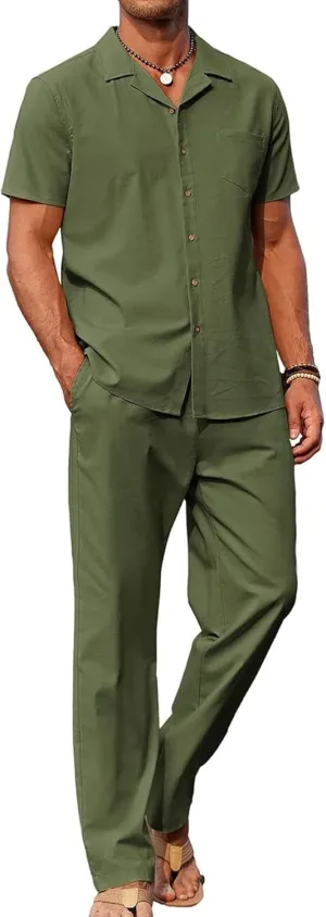Men's 2 Piece Outfits Casual Beach Short Sleeve Button Down Shirts Loose Pant Sets Summer Vacation Walking Outfits