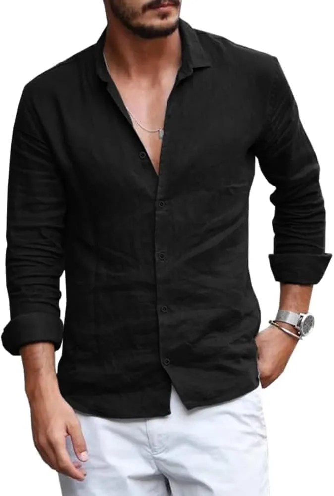 Mens Button Down Shirt Linen Cotton Shirts Casual Long Sleeve Spread Collar Lightweight Beach Plain Tops