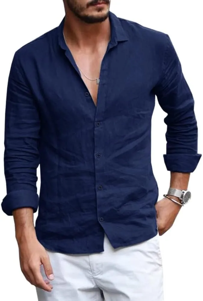 Mens Button Down Shirt Linen Cotton Shirts Casual Long Sleeve Spread Collar Lightweight Beach Plain Tops