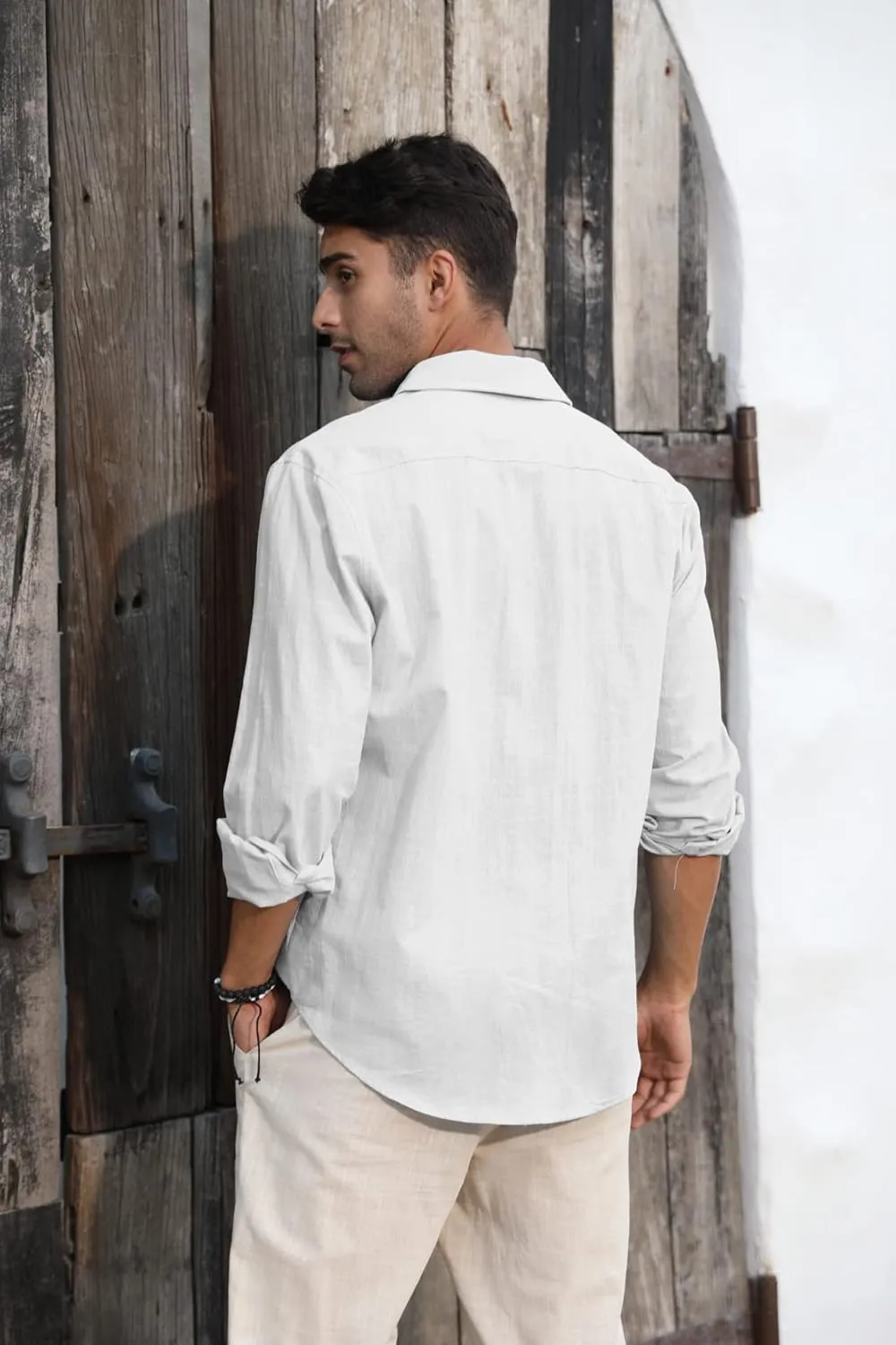 Mens Button Down Shirt Linen Cotton Shirts Casual Long Sleeve Spread Collar Lightweight Beach Plain Tops