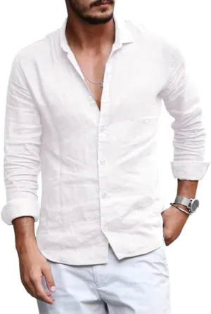 Mens Button Down Shirt Linen Cotton Shirts Casual Long Sleeve Spread Collar Lightweight Beach Plain Tops