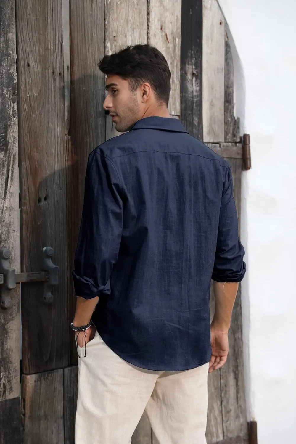 Mens Button Down Shirt Linen Cotton Shirts Casual Long Sleeve Spread Collar Lightweight Beach Plain Tops