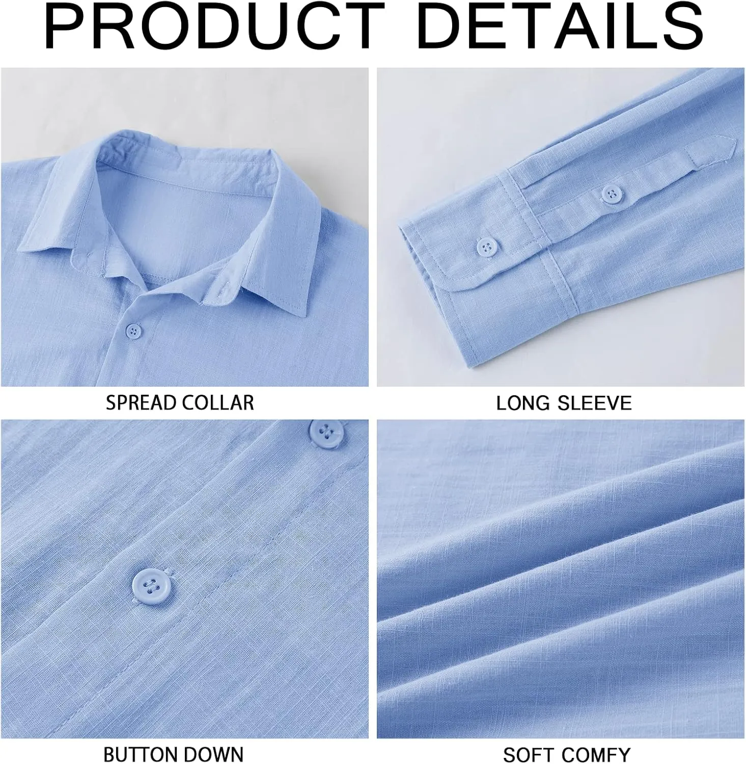 Mens Button Down Shirt Linen Cotton Shirts Casual Long Sleeve Spread Collar Lightweight Beach Plain Tops