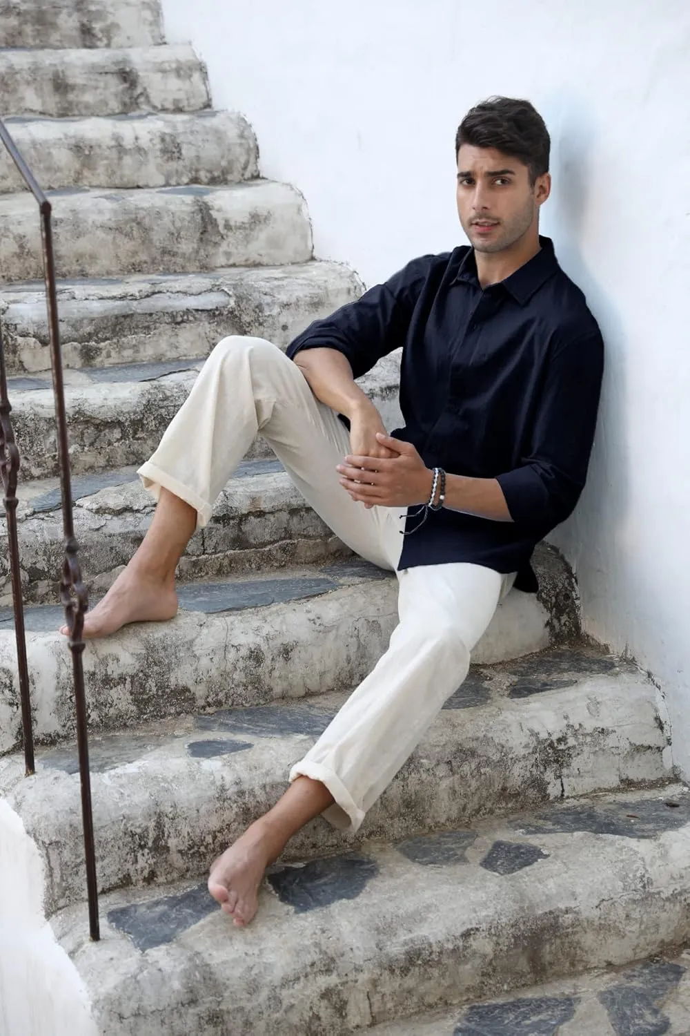 Mens Button Down Shirt Linen Cotton Shirts Casual Long Sleeve Spread Collar Lightweight Beach Plain Tops