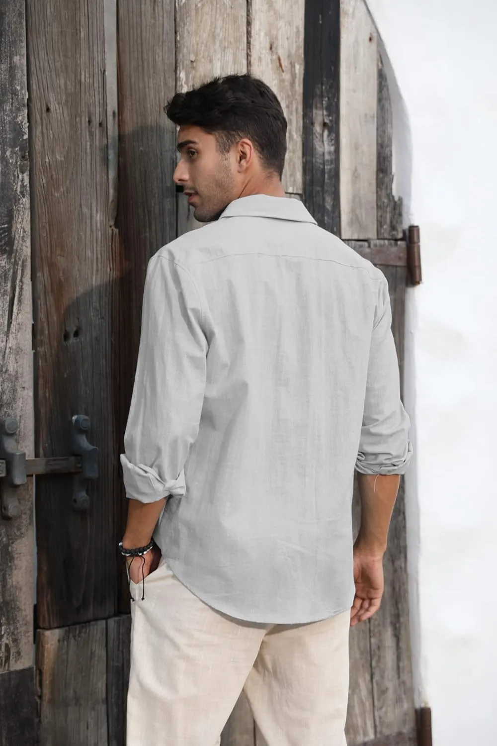 Mens Button Down Shirt Linen Cotton Shirts Casual Long Sleeve Spread Collar Lightweight Beach Plain Tops