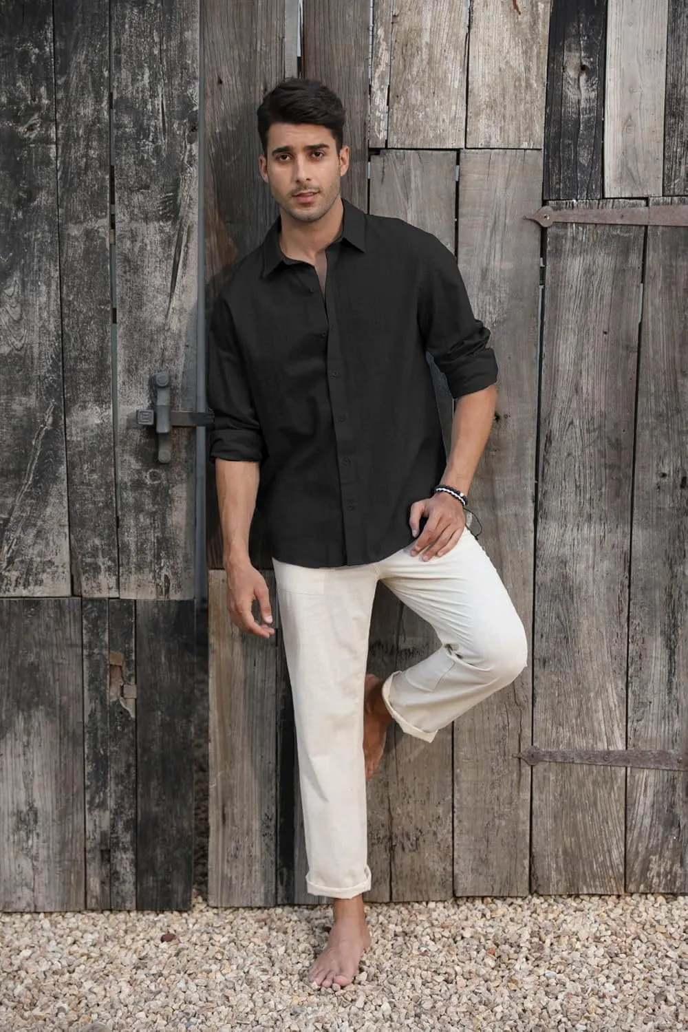 Mens Button Down Shirt Linen Cotton Shirts Casual Long Sleeve Spread Collar Lightweight Beach Plain Tops