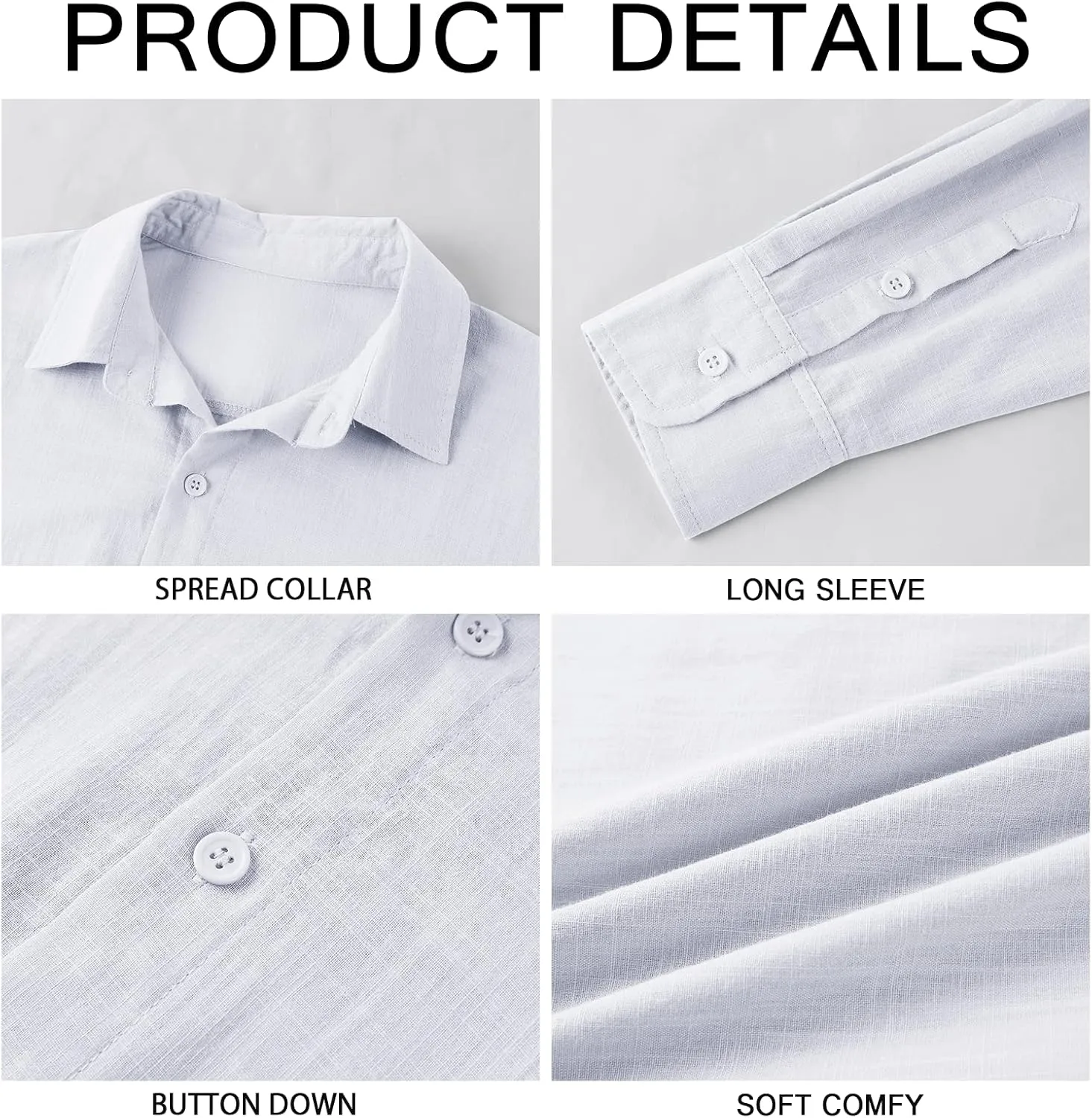 Mens Button Down Shirt Linen Cotton Shirts Casual Long Sleeve Spread Collar Lightweight Beach Plain Tops