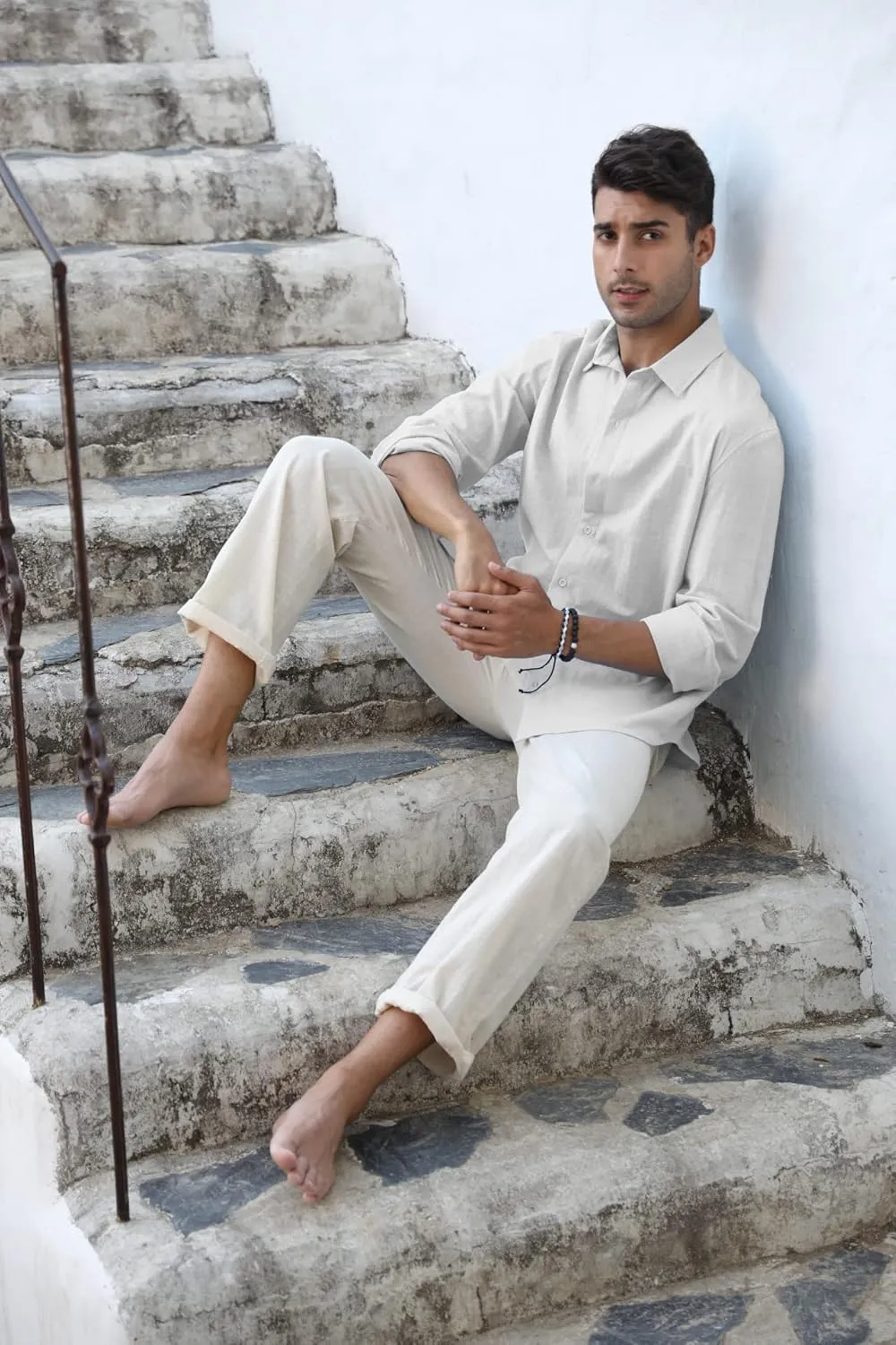 Mens Button Down Shirt Linen Cotton Shirts Casual Long Sleeve Spread Collar Lightweight Beach Plain Tops