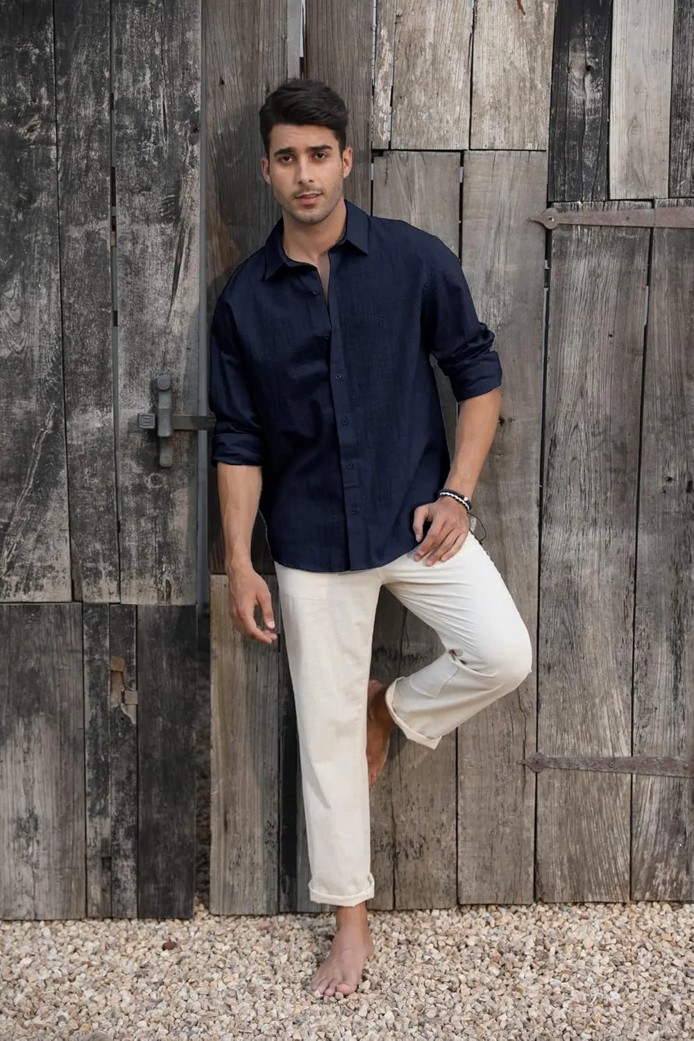 Mens Button Down Shirt Linen Cotton Shirts Casual Long Sleeve Spread Collar Lightweight Beach Plain Tops