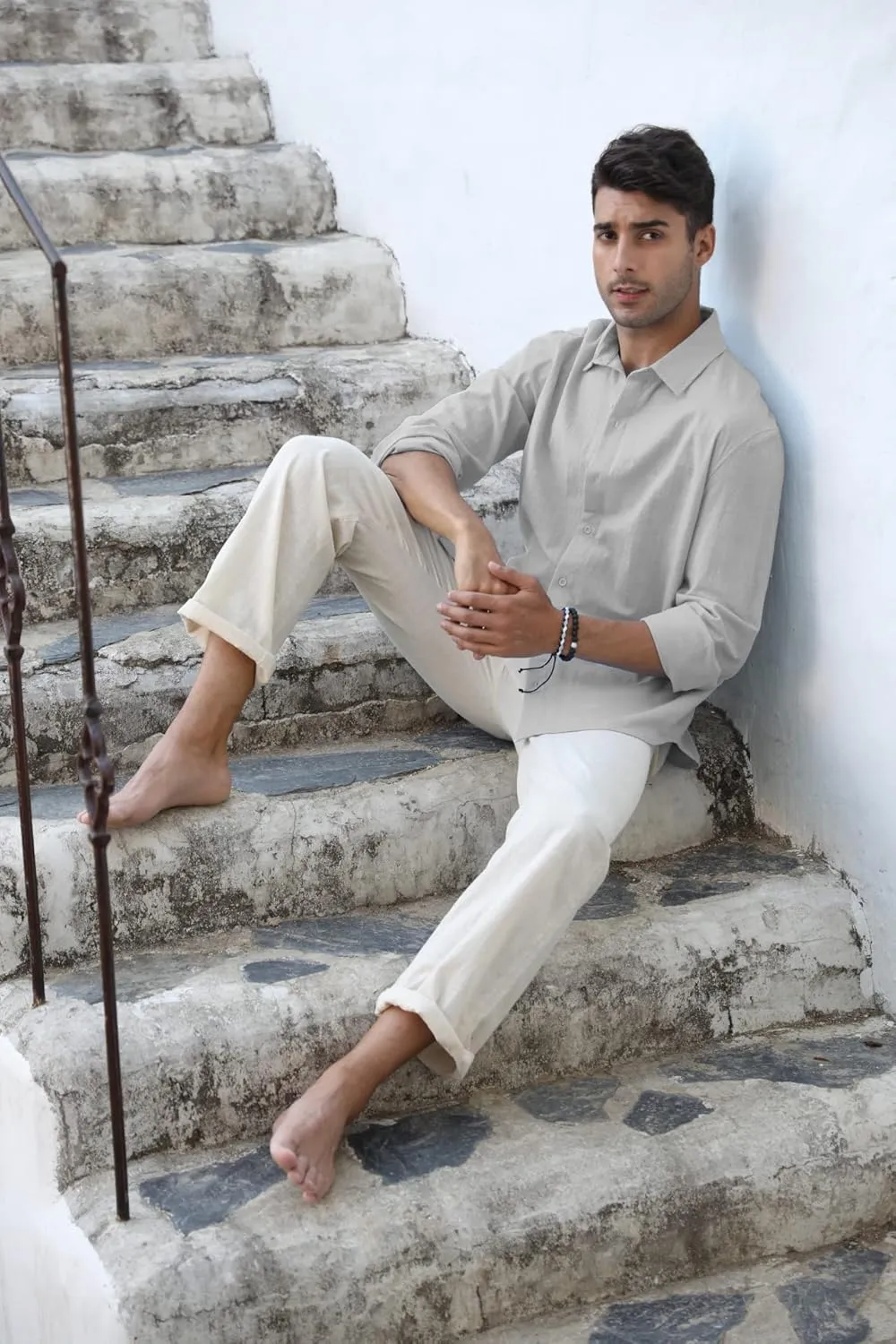 Mens Button Down Shirt Linen Cotton Shirts Casual Long Sleeve Spread Collar Lightweight Beach Plain Tops