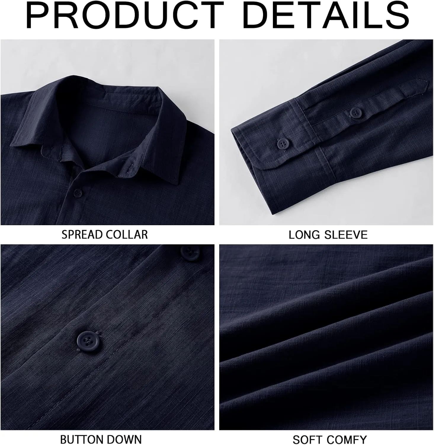 Mens Button Down Shirt Linen Cotton Shirts Casual Long Sleeve Spread Collar Lightweight Beach Plain Tops