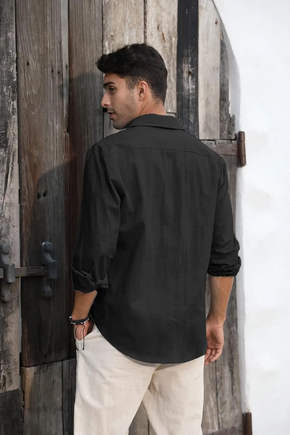 Mens Button Down Shirt Linen Cotton Shirts Casual Long Sleeve Spread Collar Lightweight Beach Plain Tops