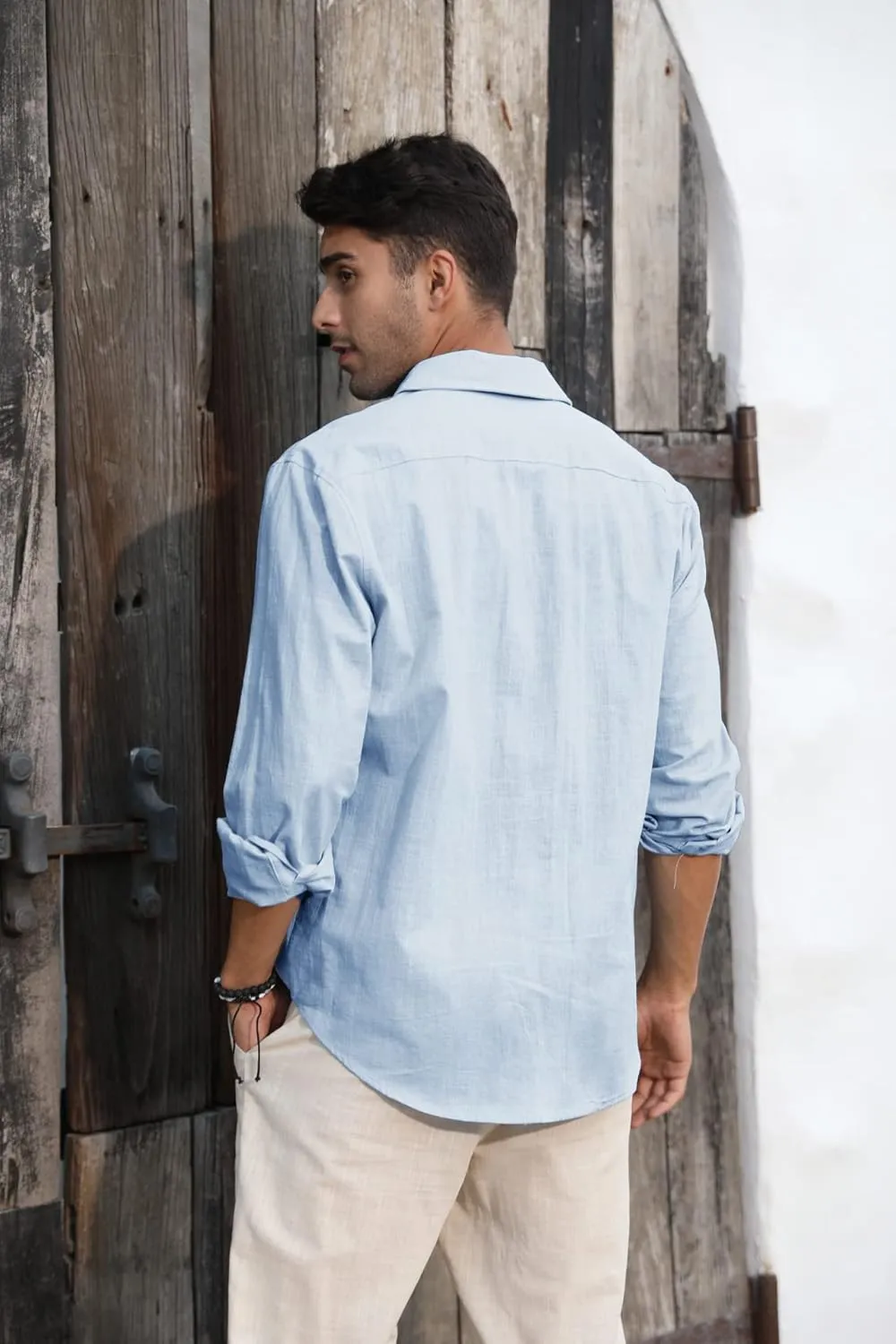 Mens Button Down Shirt Linen Cotton Shirts Casual Long Sleeve Spread Collar Lightweight Beach Plain Tops