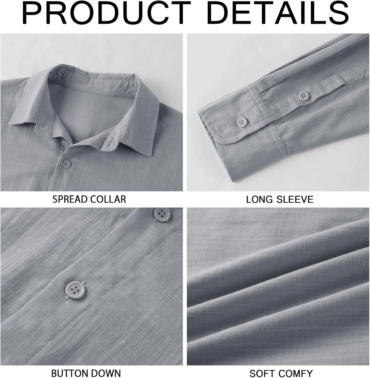 Mens Button Down Shirt Linen Cotton Shirts Casual Long Sleeve Spread Collar Lightweight Beach Plain Tops